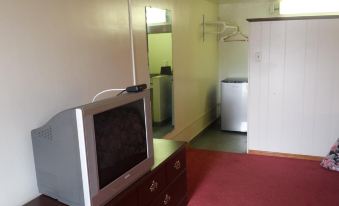 a small tv is sitting on a red carpet in front of a closet and mirror at H&K Motel
