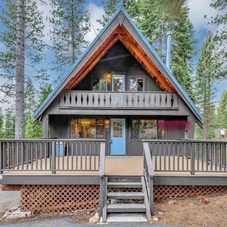 Modern A-Frame cabin that is a nice stroll down to the lake.
