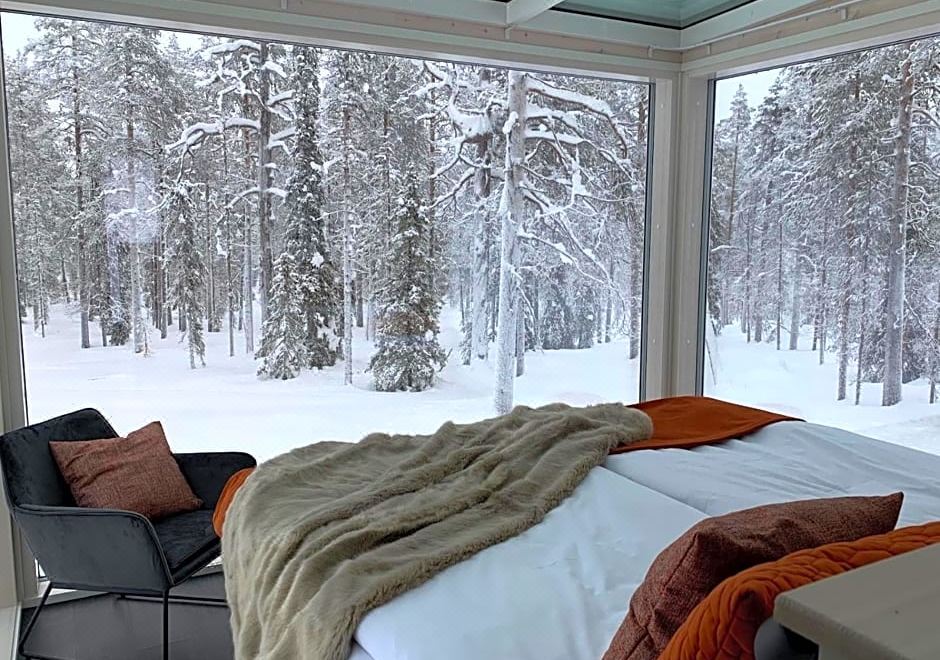 a bedroom with a large window overlooking a snow - covered forest , providing a serene and picturesque winter landscape at Arctic Skylight Lodge