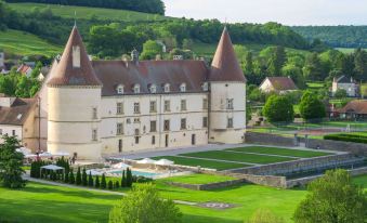 a large , white castle with red - tiled roofs and multiple towers , surrounded by lush green gardens and trees at Hôtel Golf Château de Chailly
