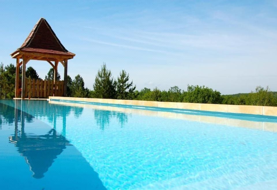 a large , clear blue swimming pool surrounded by trees and a wooden gazebo in a sunny outdoor setting at Le Lion d'Or en Perigord