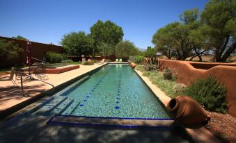 a large outdoor swimming pool surrounded by trees and shrubs , with people enjoying their time in the pool at Casa de San Pedro Bed & Breakfast