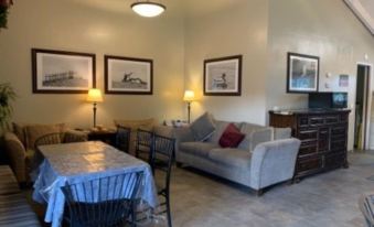 a cozy living room with a couch , dining table , chairs , and a painting on the wall at The Olympia Lodge