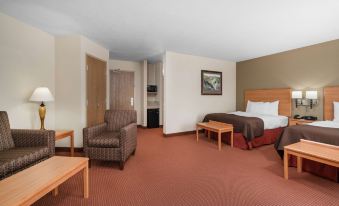 a hotel room with a bed , couch , and tv , along with some furniture and decorations at AmericInn by Wyndham Anamosa