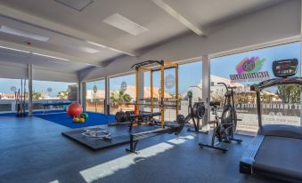 a well - equipped gym with various exercise equipment , including treadmills , weight machines , and benches , as well as a pool in the background at Playa Park Zensation