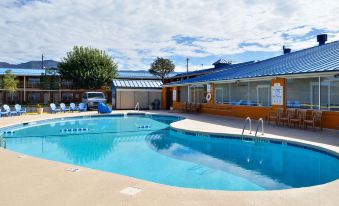 a large outdoor pool surrounded by lounge chairs and umbrellas , with a building in the background at The Classic Desert Aire Hotel