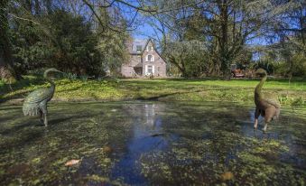a house is reflected in the water of a small pond surrounded by trees and grass at La Maison Rouge Broceliande