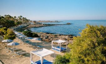 a serene beach scene with white lounge chairs and umbrellas , overlooking the ocean under a clear blue sky at Ivi Mare - Designed for Adults by Louis Hotels