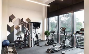 a well - equipped gym with various exercise equipment , including treadmills and weightlifting machines , in a modern interior at Punthill Ivanhoe