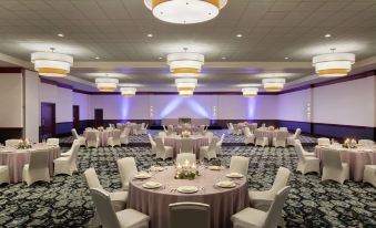 a large , well - decorated banquet hall with multiple tables set for a formal event , including round tables and chairs at Hilton Garden Inn Troy