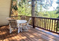 Private cabin in a small mountain town surrounded by pine trees. Snow getaway