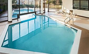 an indoor swimming pool surrounded by windows , providing a view of the surrounding area and surrounding environment at Hilton Alexandria Mark Center