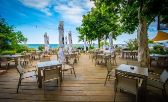 an outdoor dining area with tables and chairs , surrounded by trees and the ocean in the background at Hotel Opal