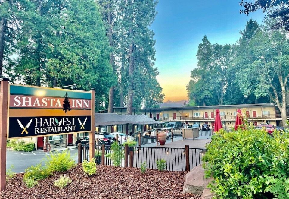 a sign for a hotel with a restaurant in the background and trees surrounding the area at Shasta Inn