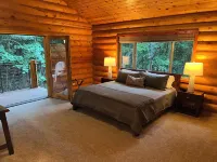 Cozy log cabin secluded in a mountain forest with hot tub, sauna, private patio.