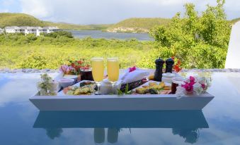 a table with food and drinks is set up near a pool overlooking a lake at Residences at Nonsuch Bay Antigua