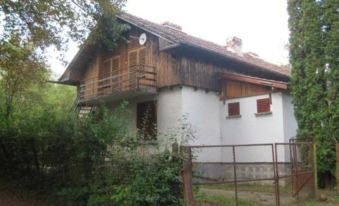 a wooden house with a white wall and balcony is nestled in a forested area at Villa Elena