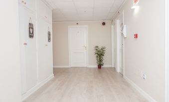a long hallway with white walls and wooden floors , featuring a potted plant on the left side at Los Rosales