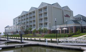 a large building with a dock in front of it and boats docked nearby at Hilton Garden Inn Kent Island