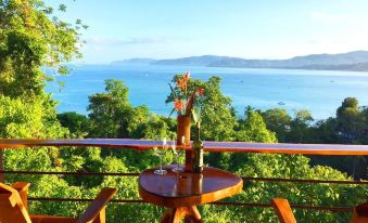 a wooden table with a vase of flowers on it , overlooking a beautiful view of the ocean at Drake Bay Getaway Resort