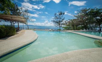 a large outdoor swimming pool surrounded by lush green trees and a body of water at Almont Beach Resort