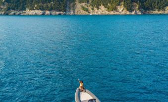 aerial view of a man standing on a boat in a body of water , surrounded by mountains at Villa Riviera Resort