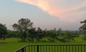 a serene view of a field with trees and grass , taken from a balcony with a black railing at JC Resort