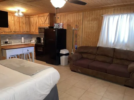 Studio cabin #2 with lake view, boat dock access, outdoor seating, and firepit.