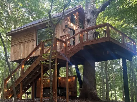 Secluded creekside treehouse cabin in Shelby with hot tub, AC, WiFi