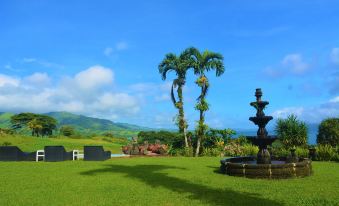 a lush green lawn with a fountain in the middle , surrounded by palm trees and mountains in the background at Hotel la Mansion Inn Arenal