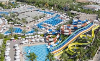 an aerial view of a large water park with multiple slides and pools , surrounded by palm trees at Royal Alhambra Palace