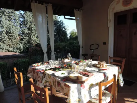 Isolated on hill, flat with terrace among romanesque art,quiet,nature.