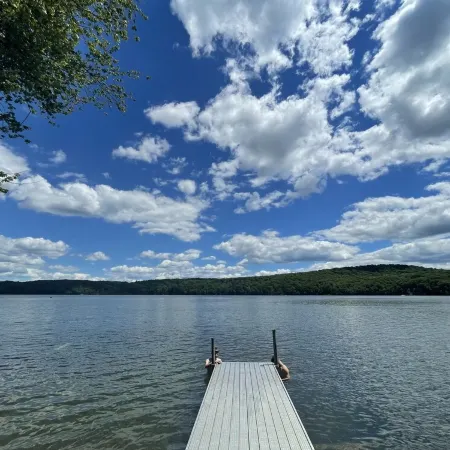 Cozy cabin with deck and fireplace steps from White Pond Lake. Dog friendly.