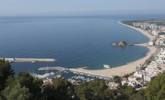 a picturesque coastal town with a harbor filled with boats , surrounded by sandy beaches and lush greenery at Pierre & Vacances Blanes Playa