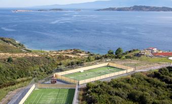 an aerial view of a tennis court with a fence surrounding it , surrounded by grass and trees at Eagles Palace