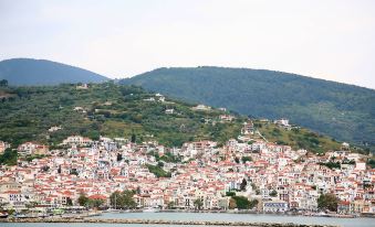 a picturesque view of a small town surrounded by mountains and water , with red - roofed houses in the background at Skopelos Village Hotel