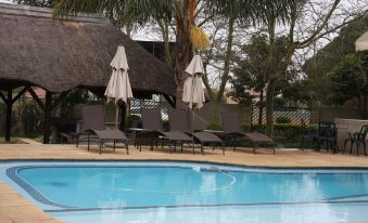 a large swimming pool with lounge chairs and umbrellas around it , surrounded by palm trees at Hole in One