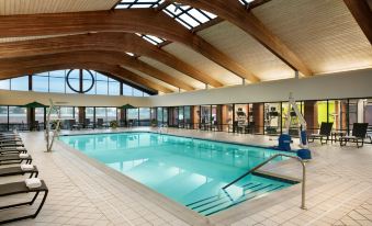 an indoor swimming pool with a wooden ceiling , surrounded by glass windows and tiled floors at Holiday Inn Washington-Dulles International Airport, an IHG Hotel