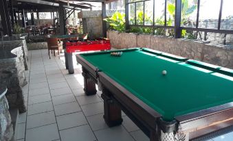 a pool table with a white ball in the center and a foosball table in the background at Hotel du Lac Macae