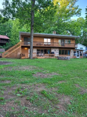Spacious and cozy home with gas fireplace, boat dock, and lake views