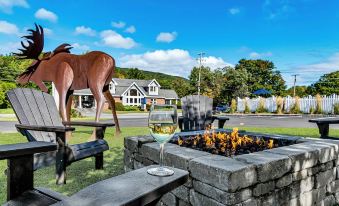 a horse statue is sitting on a bench next to a fire pit with a bottle of wine and a cup of coffee at Top Notch Inn