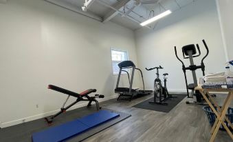 a well - equipped gym with various exercise equipment , including treadmills and stationary bikes , in a white - walled room at Hotel du Nord