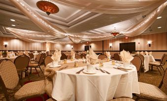 a well - decorated banquet hall with multiple tables set for a formal event , featuring white tablecloths and napkins at Wyndham Minneapolis South/Burnsville