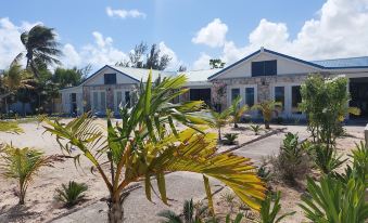 a row of small white houses with palm trees in front , set against a clear blue sky at Pelican Beach Hotel