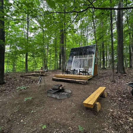 Charming A-frame cabin set in the woods overlooking deep wooded ravines.