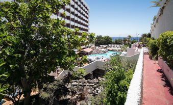 a large hotel with a swimming pool surrounded by trees , located near the ocean and surrounded by other buildings at Catalonia Punta del Rey