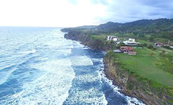 a beautiful coastal landscape with green waves crashing against the cliffs , and a few buildings in the distance at The Sea Cliff Hotel Resort & Spa