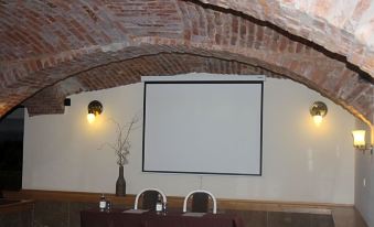 a room with a projector screen and two chairs in front of a table with a vase at Hotel Europa