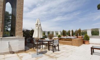 a rooftop patio with a dining table and chairs , surrounded by potted plants and a view of the city at Hotel Ferrero