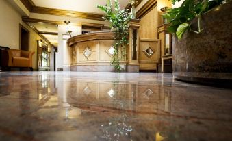 a hotel lobby with a marble floor and a reception desk , creating an inviting atmosphere at Hotel Adler - Paulas Alb